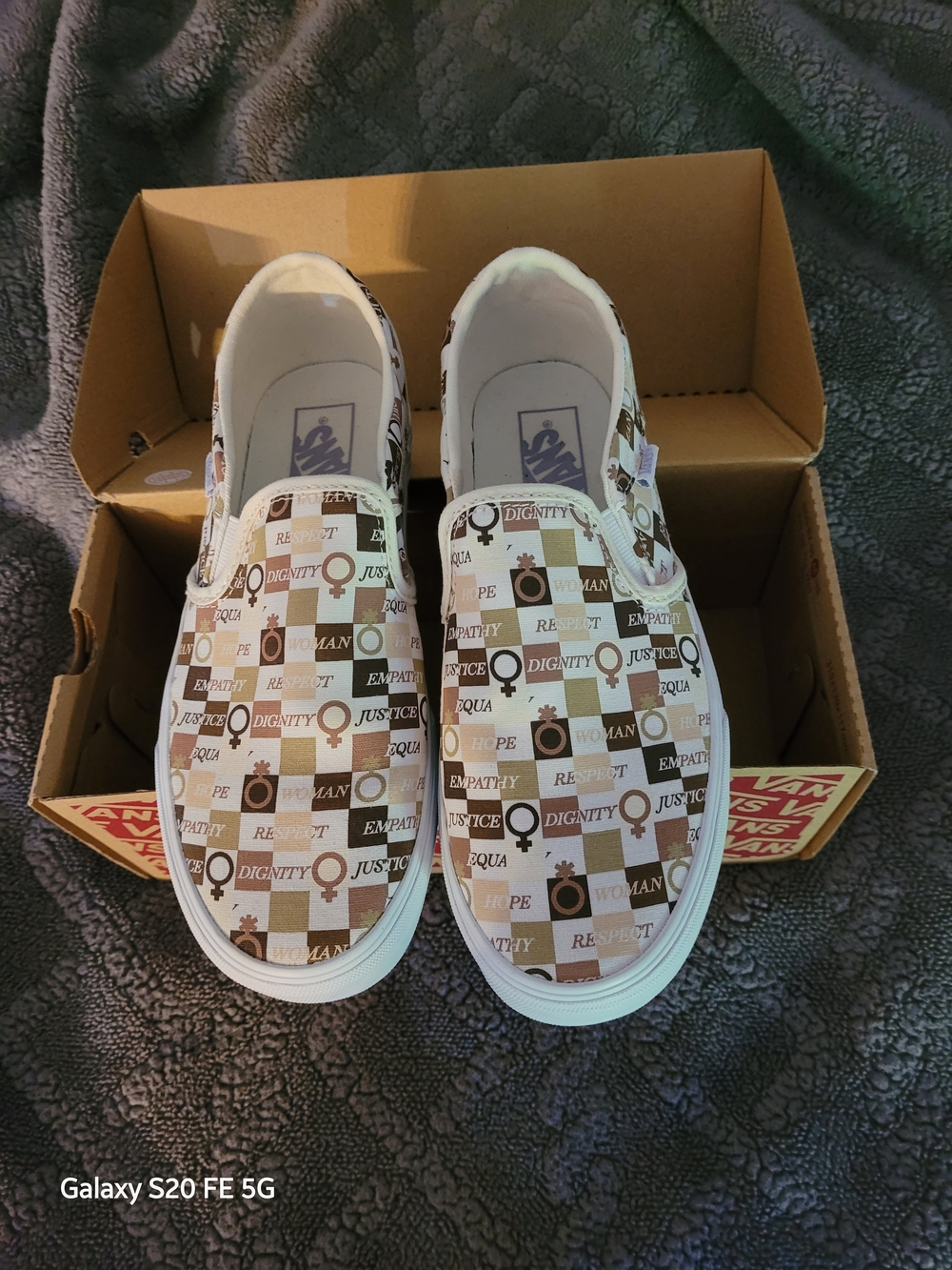 Vans Slip-On Flats in Brown and White Checkerboard with Positive Motifs